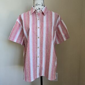 Sonnet James Linen Shirt Womens L Pink Stripe Button Front Short Sleeve